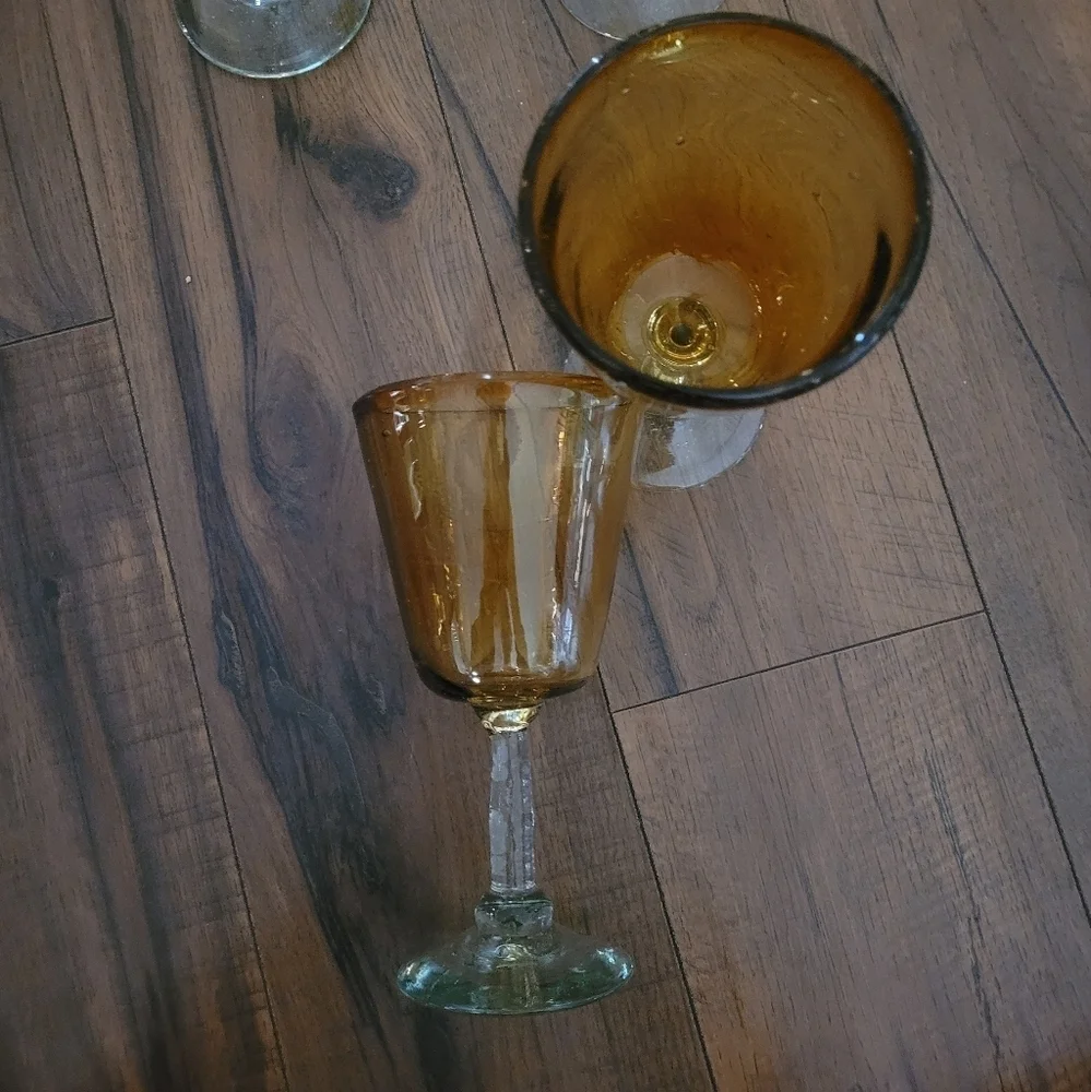 Vintage Amber and Recycled Green Blown Glass Wine‎ Goblets Set of 4